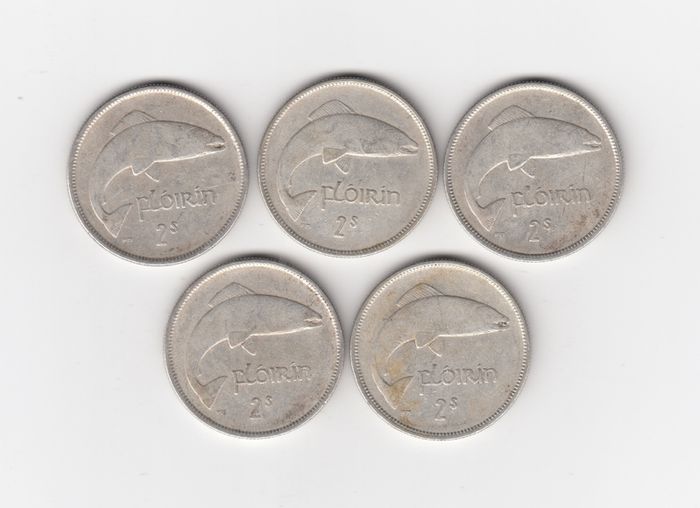 Ireland, 5 x 1928, Saorstat Eireann, Floirins, 2/-, 75% Silver Coins (No: 497)