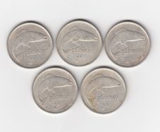Ireland, 5 x 1928, Saorstat Eireann, Floirins, 2/-, 75% Silver Coins (No: 497)