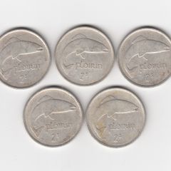 Ireland, 5 x 1928, Saorstat Eireann, Floirins, 2/-, 75% Silver Coins (No: 497)