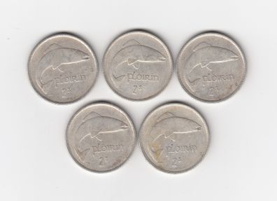 Ireland, 5 x 1928, Saorstat Eireann, Floirins, 2/-, 75% Silver Coins (No: 497)
