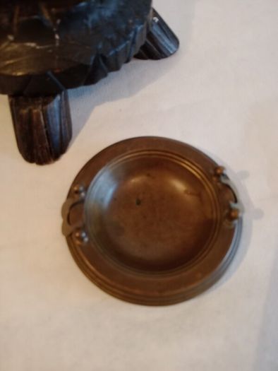 Vintage Hand Carved Wood Floor Ashtray. Brass Insert.