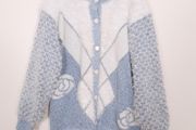 Peoeha Vintage Dusty Blue &amp; Cream Fluffy Fuzzy Argyle Knit Button-Front Rose Cardigan Size L
