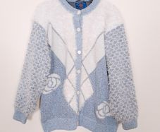 Peoeha Vintage Dusty Blue & Cream Fluffy Fuzzy Argyle Knit Button-Front Rose Cardigan Size L