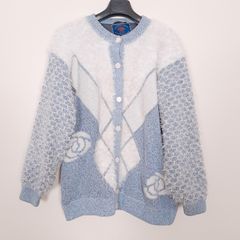 Peoeha Vintage Dusty Blue & Cream Fluffy Fuzzy Argyle Knit Button-Front Rose Cardigan Size L