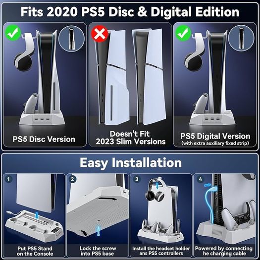 FREE EXPRESS SHIPPING PS5 Stand with Cooling Station and Controller Charging Station for Playstation 5 Console, PS5 Accessories with 3 Levels Cooling Fan/Headset Holder, 3 USB Hub