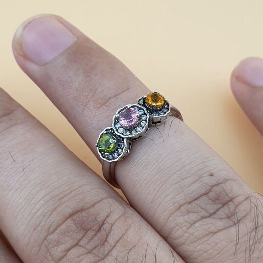 Vintage 925 Sterling Silver Multi-Stone Tourmaline Adjustable Ring