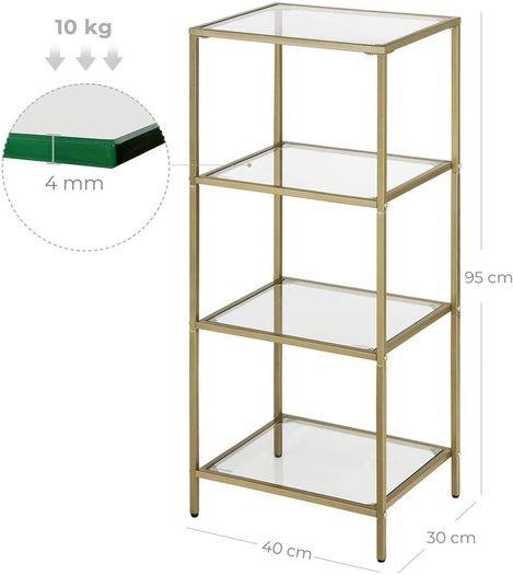 bathroom shelf, standing shelf, kitchen shelf, hallway shelf, living room shelf, plant shelf with 4 shelves made of tempered glass, stable, easy to assemble, living room, bedroom, office, gold-colored