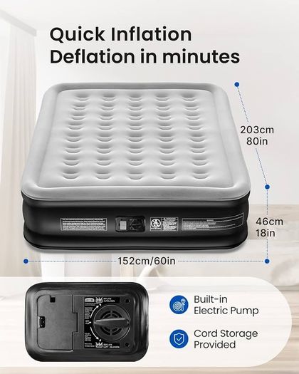 NEW SALE | King Inflatable Air Mattress,Air Bed with Built-in Electric Pump,Double Blow Up Mattress in 3 Mins Self-Inflation/Deflation,Flocked Surface Guest Airbed for Home Portable Camping 203x152x46cm