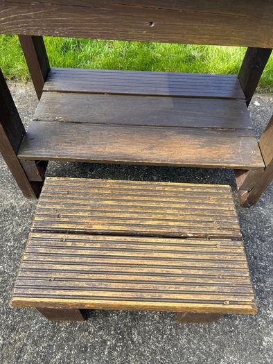 Hand made solid timber mud kitchen with stool with accessories