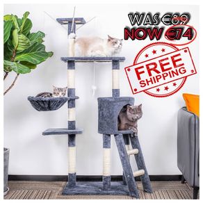NEW SALE | 145cm Cat Scratch Posts Multi-Level Stable Cat Climbing Tower Cat Activity Trees with Ladder, Indoor Pet Activity Furniture Play House for Kitty Kitten