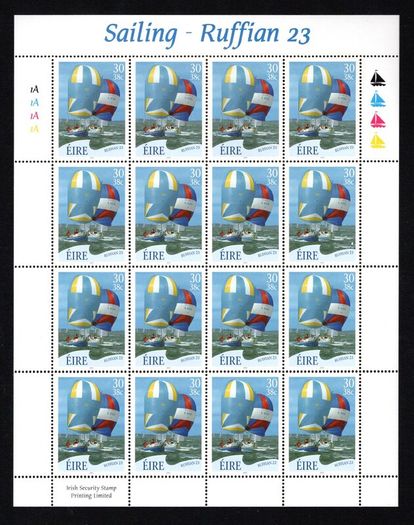 2001 Ireland Sailing (Ruffian, Howth, Sports boat & The Glen) Stamp Sheetlet Plate 1A1A1A1A Mint Never Hinged (MNH).