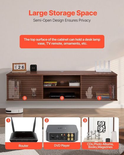 Floating TV Stand, 60" Wall Mount Entertainment Center with Adjustable Shelf & Sliding Doors, 2 Tiers Floating TV Shelf with Storage Cabinet for DVD Player, Cable Box