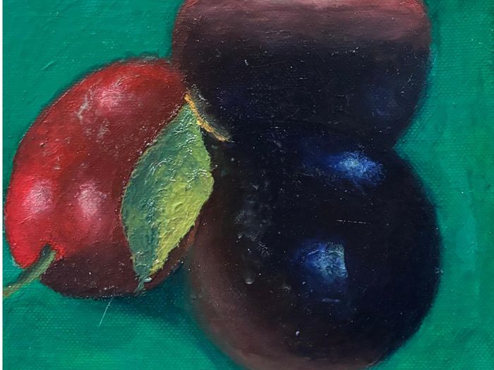 Original oil painting - still life with fruit plums
