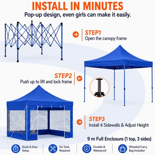 10ft x 10ft Black Pop-Up Gazebo with Clear Sidewalls & Wheeled Carry Bag 3m x 3m