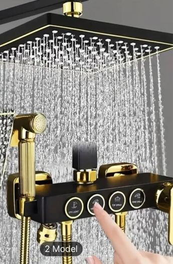 Luxury Black & Golden Square Shower Head Set - Wall-Mounted, Full Copper with Extended Pole, 4 Adjustable Settings for Ultimate Bathing Experience , brand new