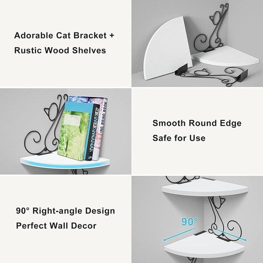 Corner Shelf Wall Mounted, 4 Tier Cat-shaped Corner Shelves Rustic Wood Floating Shelf Metal Corner Stand for Living Room Bedroom Kitchen Office and More White