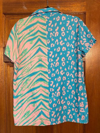 Animal Print Patchwork shirt men's Size small Striped Festival Lapel Short sleeve