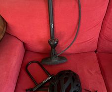 bike helmet, pump and lock