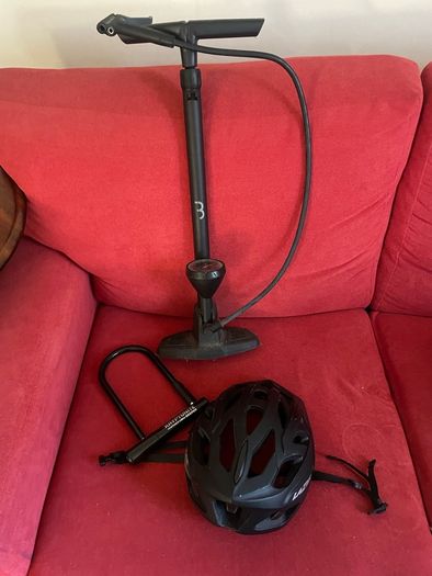 bike helmet, pump and lock