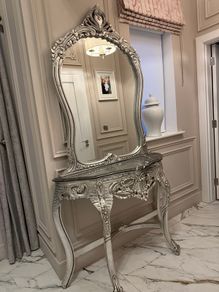 Console Table with Matching Mirror Silver Finish Marble Top
