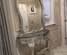 Console Table with Matching Mirror Silver Finish Marble Top