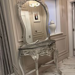 Console Table with Matching Mirror Silver Finish Marble Top