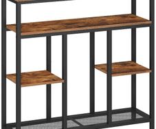 4-Tier Console Table, Narrow Sofa Table for Entryway, Rustic Brown  4-tier storage (3 shelves + 1 mesh tier). 20cm slim width. Anti-tip kit. Levelling feet. For entryway, living room, kitchen