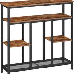 4-Tier Console Table, Narrow Sofa Table for Entryway, Rustic Brown  4-tier storage (3 shelves + 1 mesh tier). 20cm slim width. Anti-tip kit. Levelling feet. For entryway, living room, kitchen