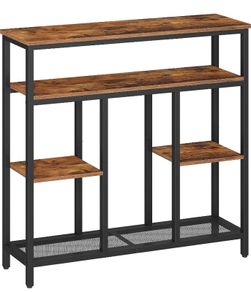 4-Tier Console Table, Narrow Sofa Table for Entryway, Rustic Brown  4-tier storage (3 shelves + 1 mesh tier). 20cm slim width. Anti-tip kit. Levelling feet. For entryway, living room, kitchen