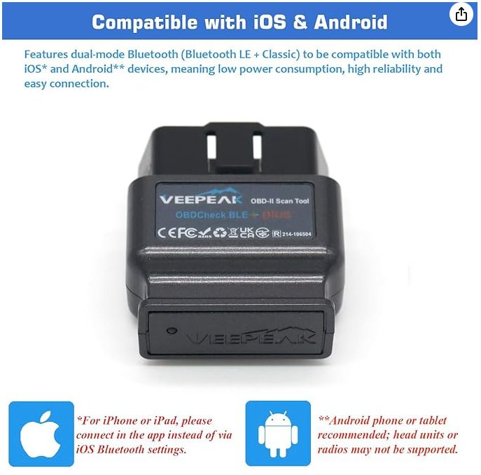 Veepeak OBDCheck BLE+ OBD II Bluetooth Wireless Car Diagnostic Scanner Engine Code Reader for iOS and Android