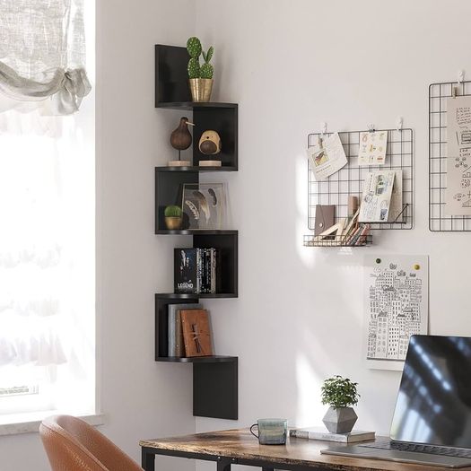 NEW SALE | 5-Tier Wall-Mounted Corner Shelf, Wooden Display Shelf, for Kitchen, Bedroom, Living Room, Study, Black