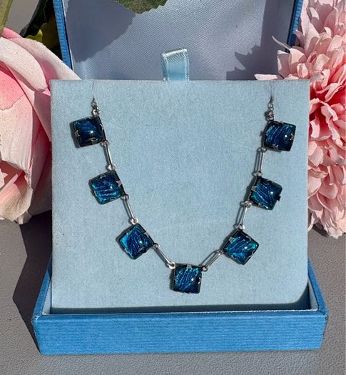 Vintage Art Deco Solid Silver Choker Necklace Foiled Blue Art Glass