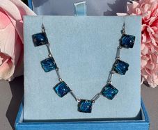 Vintage Art Deco Solid Silver Choker Necklace Foiled Blue Art Glass