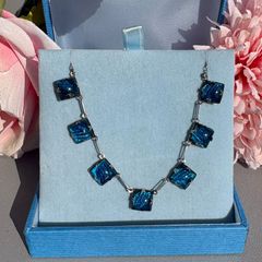Vintage Art Deco Solid Silver Choker Necklace Foiled Blue Art Glass