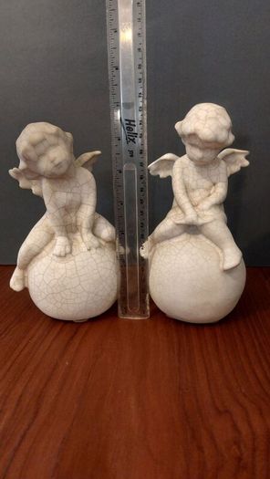 Lovely Vintage Pair of Ceramic Baby Winged Angels Sitting on Globes with a Very Tactile Cream Coloured Crackle Glaze