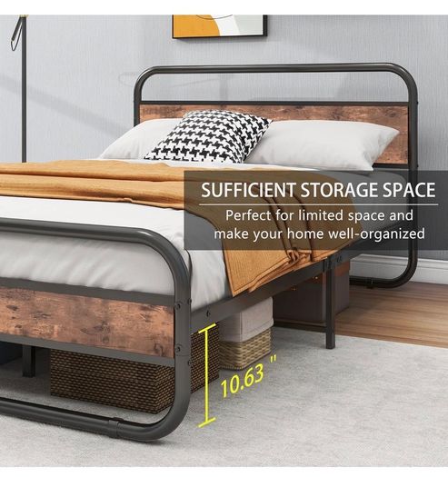 5ft King Size Bed Frame with Headboard and footboard,Brown Oval-Shaped Platform Bed with Under-Bed Storage,Steel Slats Mattress Foundation Round Pipe Design,Enhanced Support Noise Free