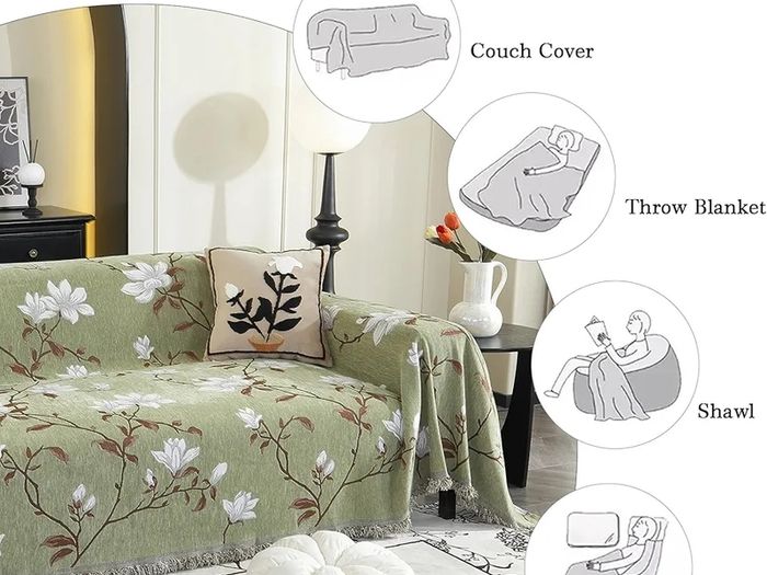 AB Sided Sofa Cover for 3 Seater Soft Non Slip Slipcover with Tassel, All Season Washable Couch Protector for Dogs, Decorative Futon  L Shaped Sofa Cover Green