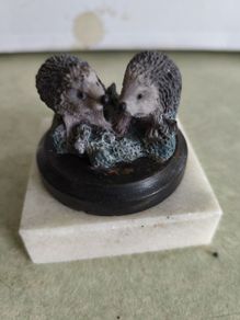 Hedgehog Ornament Ceramic on wood base 2.2 inches set on marble plinth