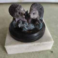 Hedgehog Ornament Ceramic on wood base 2.2 inches set on marble plinth