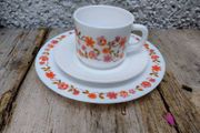 Arcopal Scania Teacup , saucer and side plate, Pyrex, milk glass