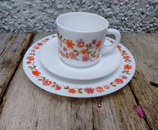 Arcopal Scania Teacup , saucer and side plate, Pyrex, milk glass