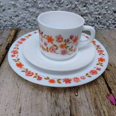 Arcopal Scania Teacup , saucer and side plate, Pyrex, milk glass