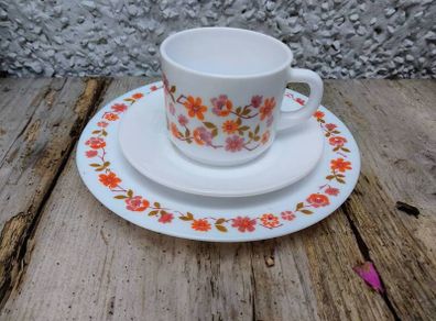 Arcopal Scania Teacup , saucer and side plate, Pyrex, milk glass