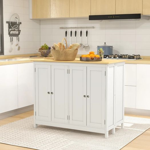 Kitchen island serving cart with 2 stools foldable worktop 2 cabinets with 4 doors modern design white