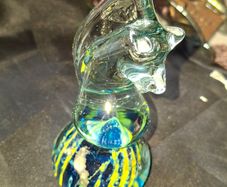 Beautiful Old Mdina Glass Seahorse Paperweight from Malta, featuring a blue and yellow swirled base, Postage Available or Collection