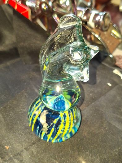 Beautiful Old Mdina Glass Seahorse Paperweight from Malta, featuring a blue and yellow swirled base, Postage Available or Collection