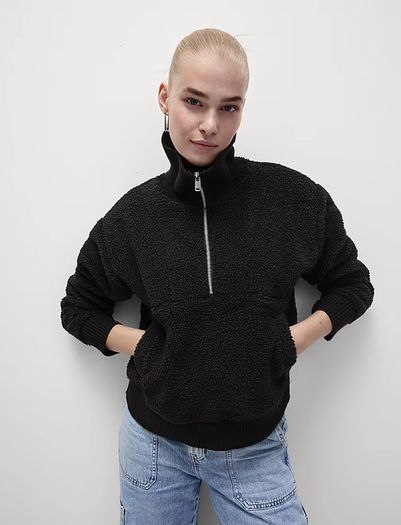 Marks & Spencer Borg textured half-zip sweatshirt in black: Medium - Suit size 10 and 12-14
