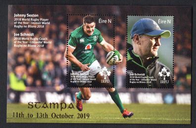2019 Ireland Stampa Members Souvenir on  Irish Rugby Johnny Sexton & Joe Schmidt Commemorative Stamps Miniature Sheet Overprinted for Stampa Mint Never Hinged (MNH)