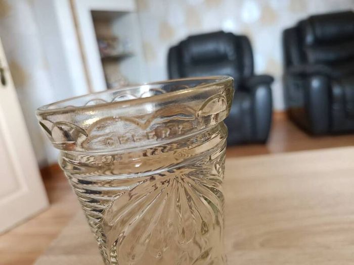Antique pressed glass celery vase with embossed text