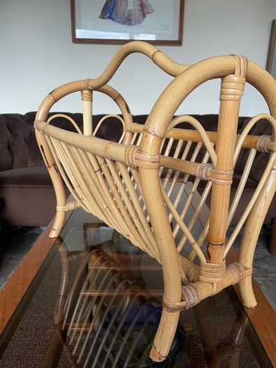 Vintage Mid Century Bamboo Magazine Rack with Heart Motifs